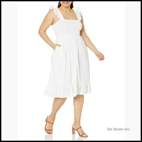 Cotton Smocked Midi Dress with Ruffled Shoulders - Picture 4 of 6